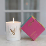 Irish Linen and Mimosa Blossom Luxury Soy Candle by Aggie & I, hand-poured with fresh floral notes of mimosa, violet, and lily, creating a luxurious and uplifting fragrance for your home


